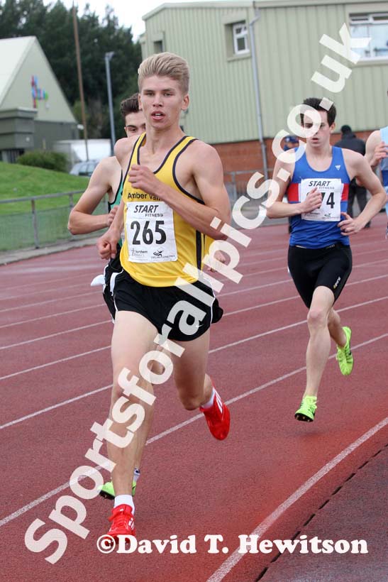 Jethro McGraw (Amber Valley and Erewash AC) leads the 800 metres at the Northern Under-17s and 15s Championships, Liverpool.